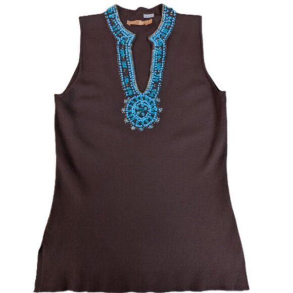 NWOT Belldini Brown Sleeveless Top with Turquoise Beadwork - Picture 3 of 10